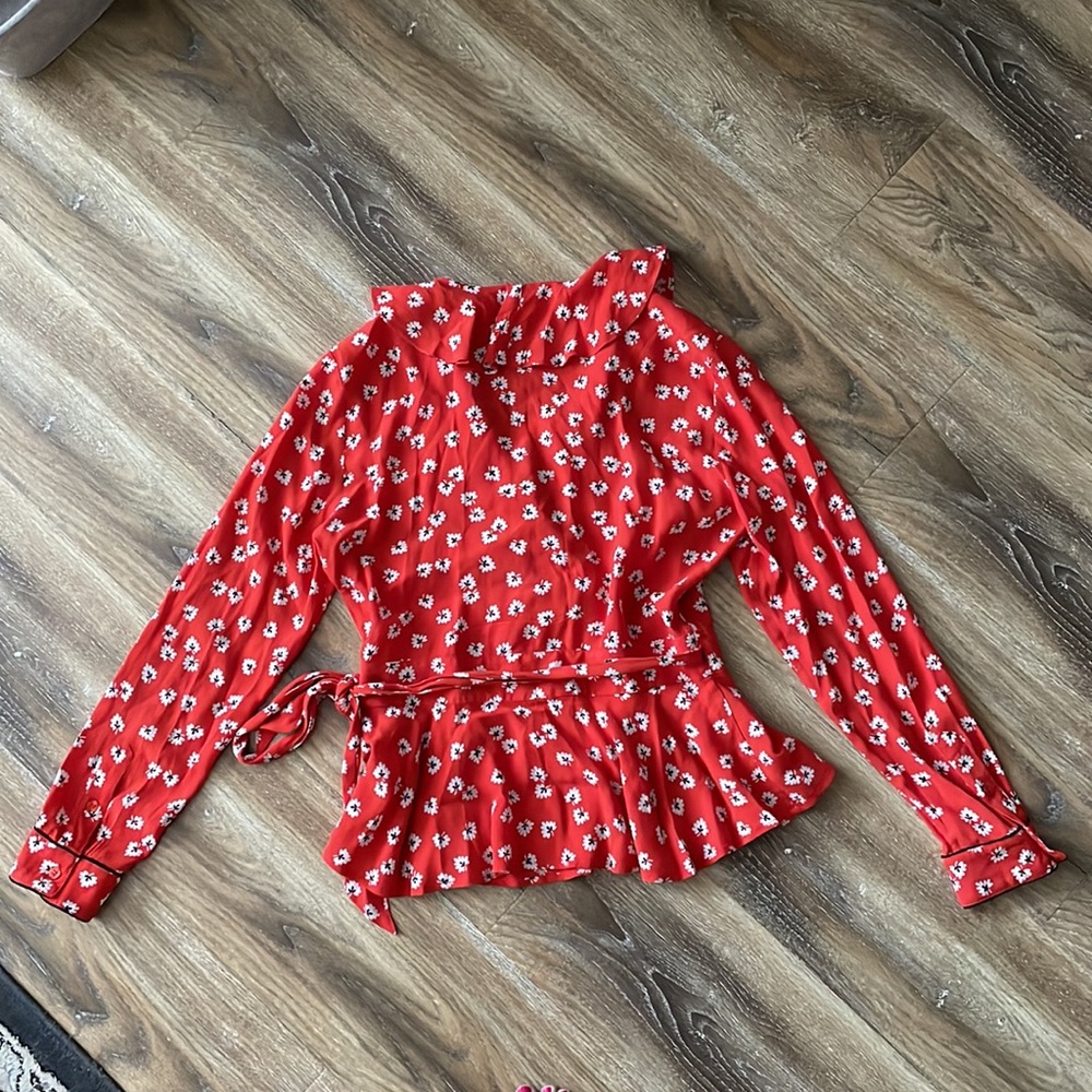 Ganni Silvery Crepe Wrap Red Floral Viscose Blouse Top - Picture 10 of 12